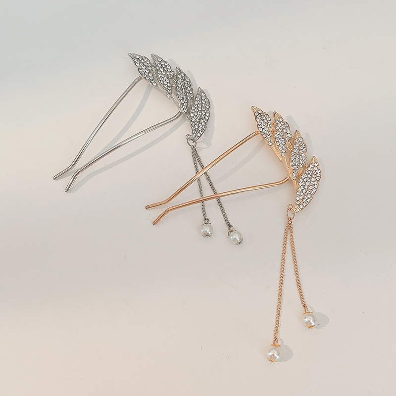 Kẹp tóc kim loại họa tiết lông vũ đính ngọc trai giả thời trang phong cách retro Hàn Quốc