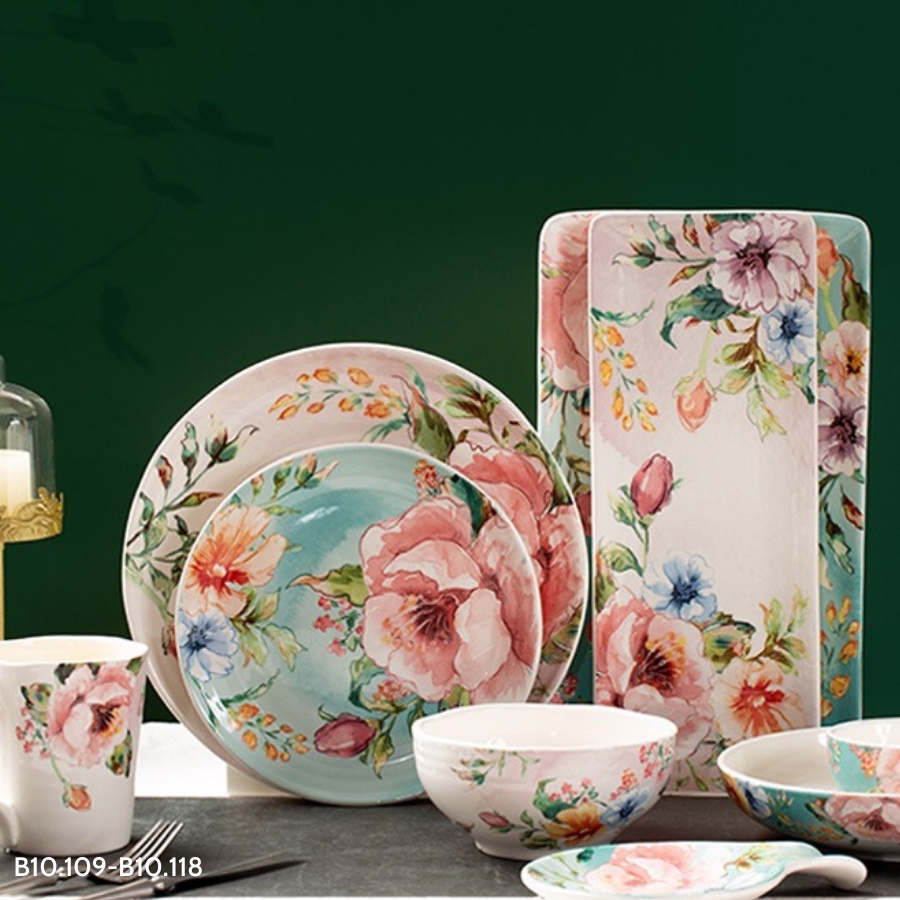Bộ chén dĩa sứ lẻ Retro Flower - phong cách Âu Mỹ họa tiết hoa lá - bộ đồ bàn ăn cao cấp