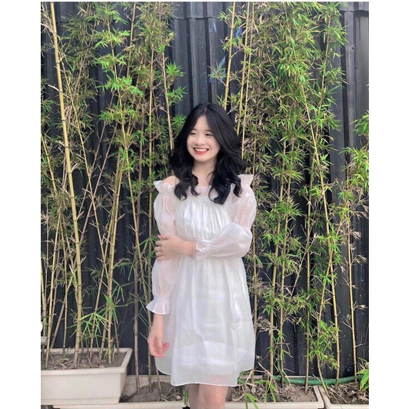Váy Babydoll Trễ Vai Nữ MEESTORE - Đầm Mini Voan Trắng Dài Tay Phong Cách Vintage Siêu Xinh