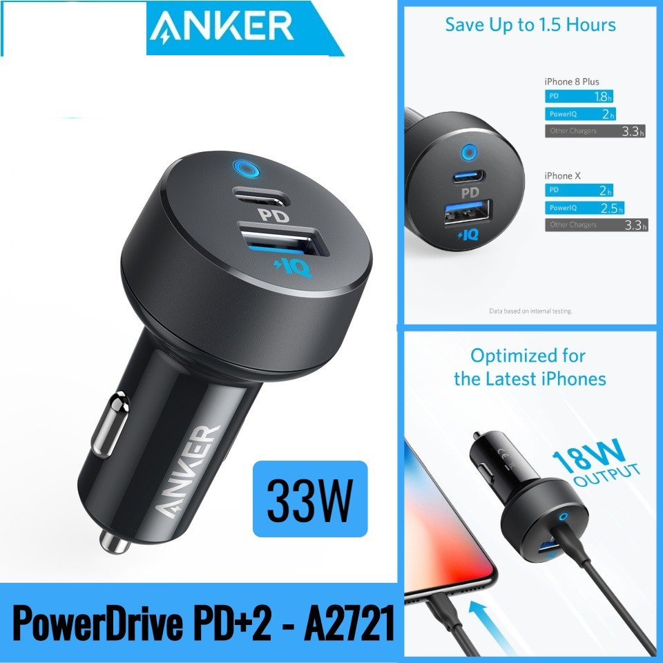Tẩu Sạc ô tô ANKER A2721 2 Cổng 33W PowerDrive (PD+USB)/Anker PowerDrive PD + 2 2 cổng 35W (15W Cổng USB-A, A2732)