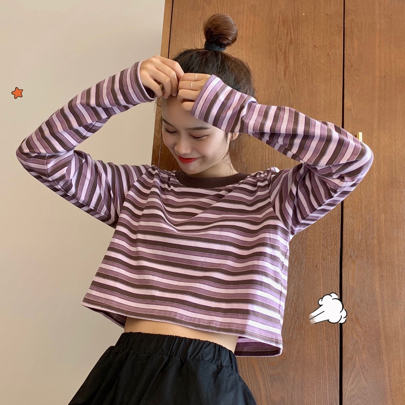 2020 new small retro hot girl short stripe T-shirt long sleeve top bottom | BigBuy360 - bigbuy360.vn