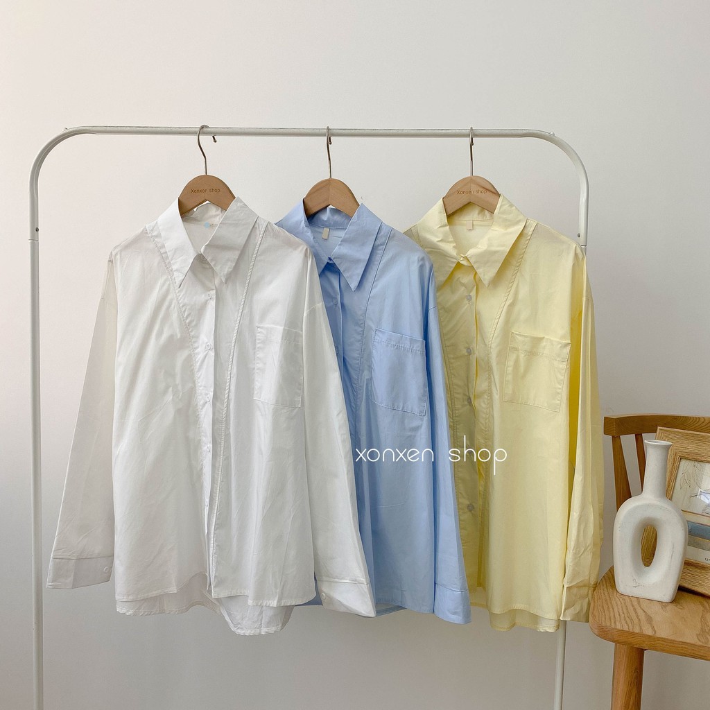Áo sơ mi nữ đẹp áo sơ mi nữ Hàn Quốc trơn 1 túi viền chữ V ngực dễ thương XONXEN SHOP freesize mã 2165