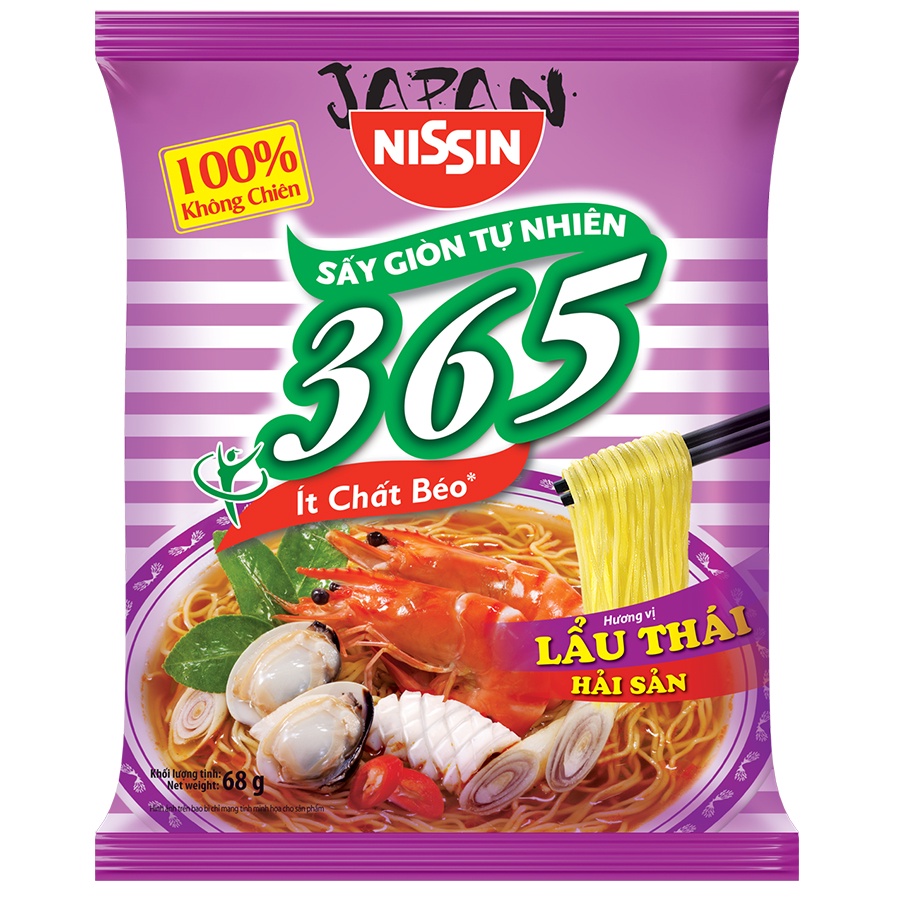 Mì không chiên Nissin 365  Xí Quách Thịt Bằm, Tôm Chua Cay, Lẩu Thái Hải Sản, Rong biển nhật