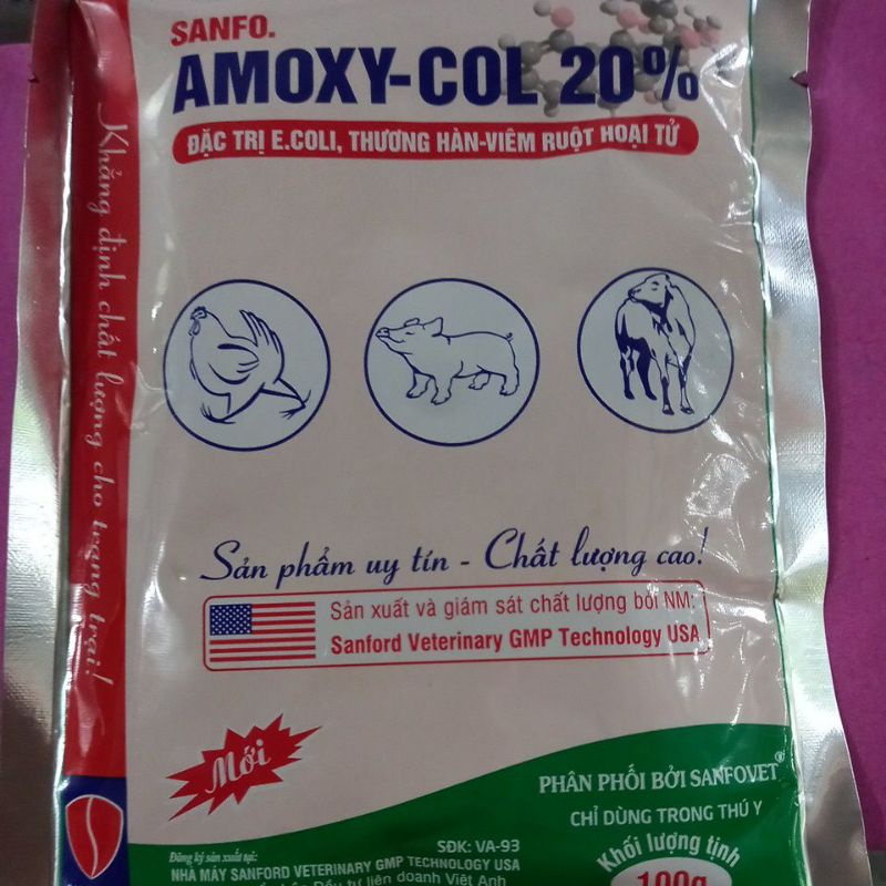 Đặc trị ecoli, thương hàn, viêm ruột hoại tử cho gia súc gia cầm, amox 20% 100g