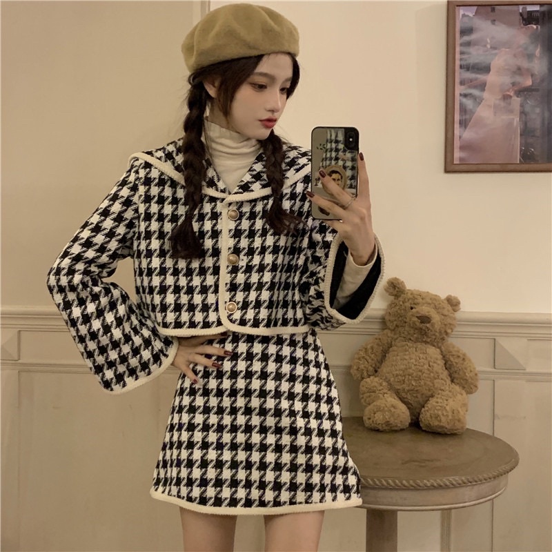 Set áo khoác cardigan dài tay+chân váy ngắn hoạ tiết răng sói houndstooth chic ulzzang SAM SAM BOUTIQUE