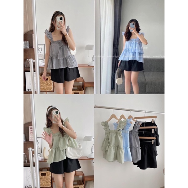 Set babydoll áo dây ngang xếp bèo 3 màu Vintage