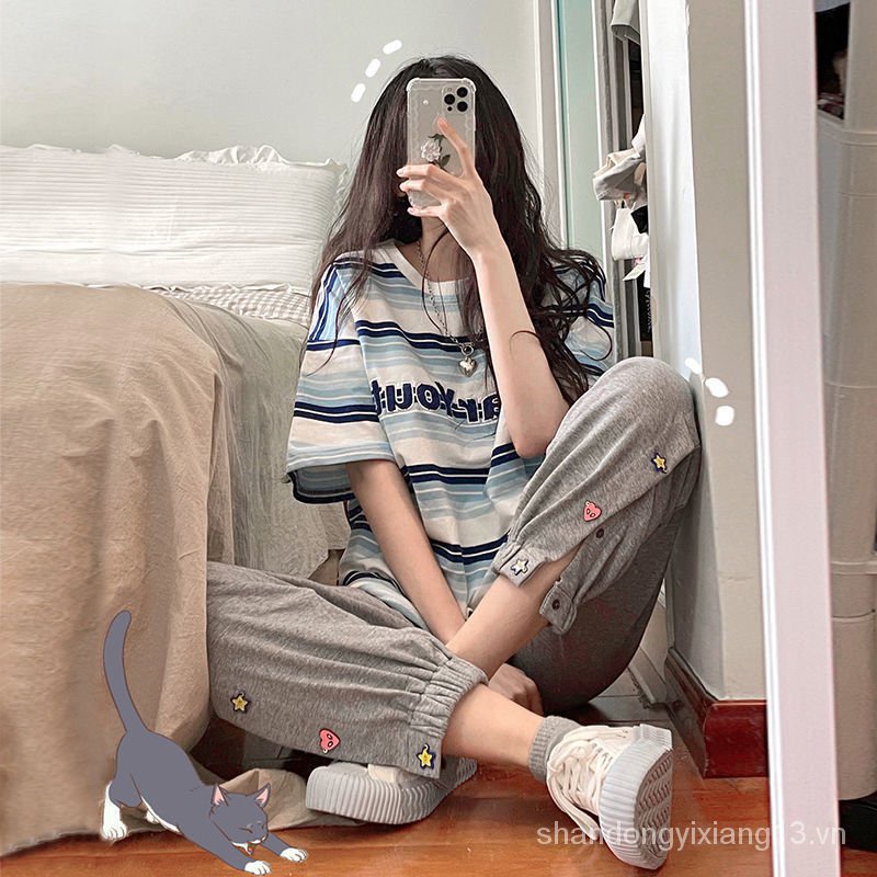 Set đồ thể thao áo thun tay ngắn phối quần dài thời trang mùa hè phong cách Hàn Quốc cho nữ