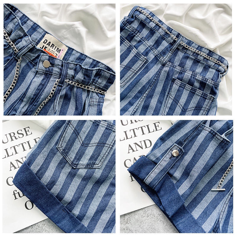 Quần short jean dáng chữ A xếp nếp họa tiết kẻ sọc lưng cao thời trang 2022