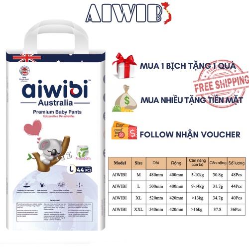 Bỉm Aiwibi - Australia-Hàng Nhập khẩu Chính Hãng-S52,M48,L44,XL40,XXL36