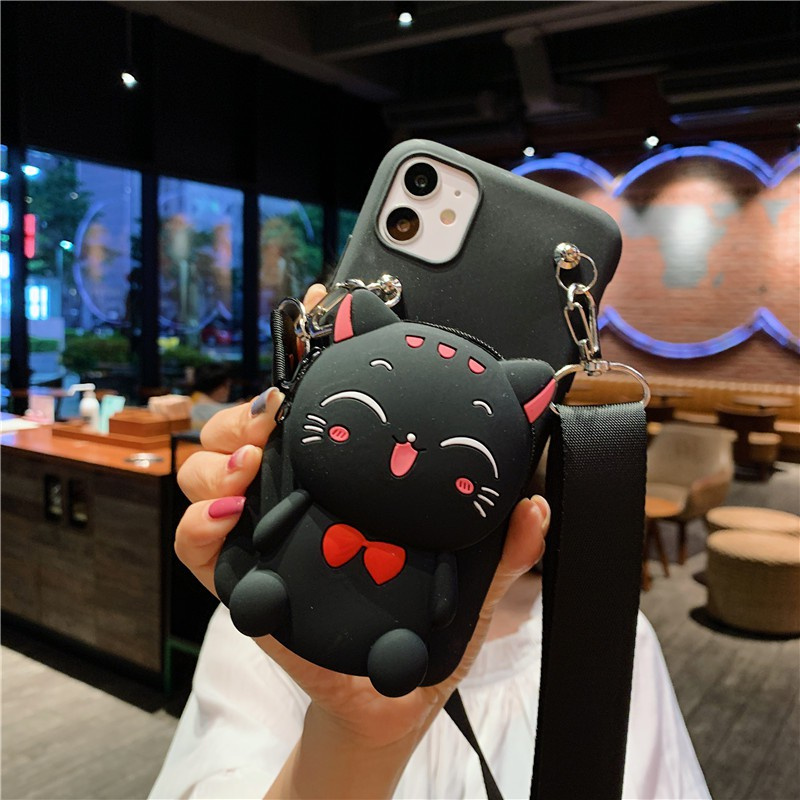 Samsung S10 S10PLUS S7edge S21Ultra S21+ A12 A42 5G A6 A8 A6Plus A6+ A8Plus A8+ A02S A01Core A21S A31 A11 Cartoon cat zero wallet mobile phone case Fortune Cat backpack mobile phone protective case fashion silicone tether wallet mobile phone case