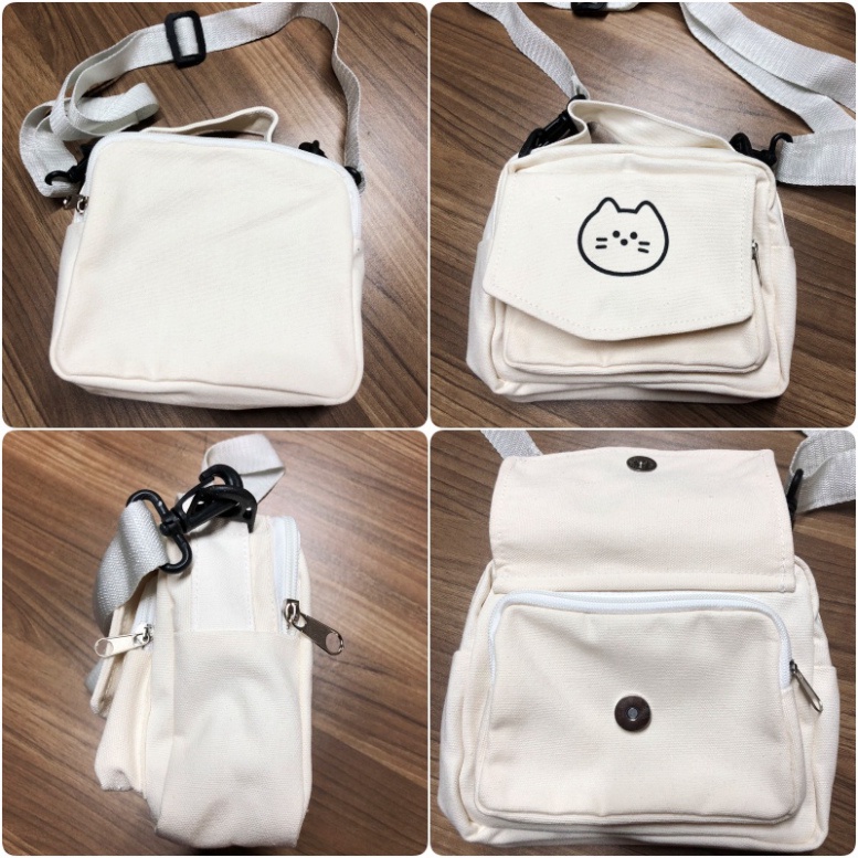 Túi đeo chéo mini vải canvas in hình mặt mèo đáng yêu