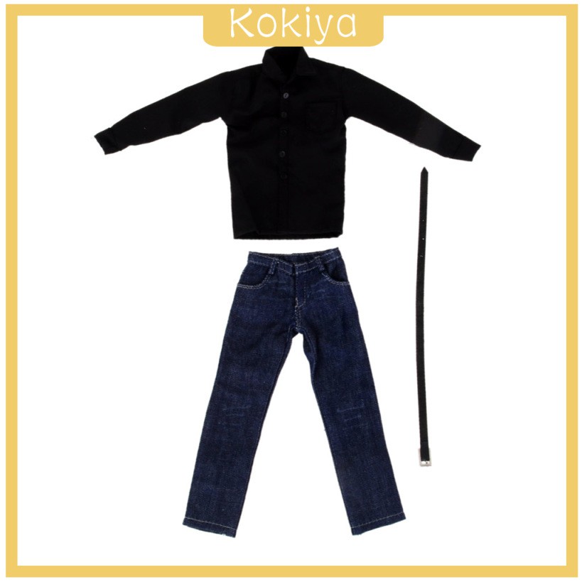 Bộ Áo Sơ Mi Đen Dài Tay + Quần Jean Có Thể Chuyển Động Cho Búp Bê 12 "