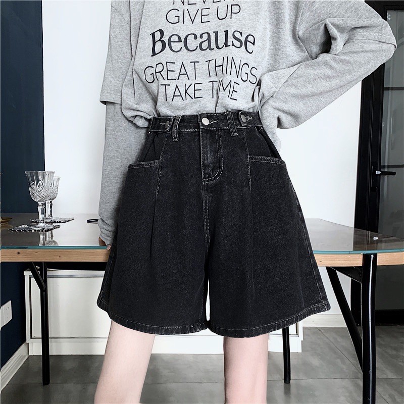 (Bigsize 30-36) Quần Ngố Cotton Ống Rộng, Quần Short Jean Lưng Cao, Không Giãn, Quần Suông Lửng Xám Tây