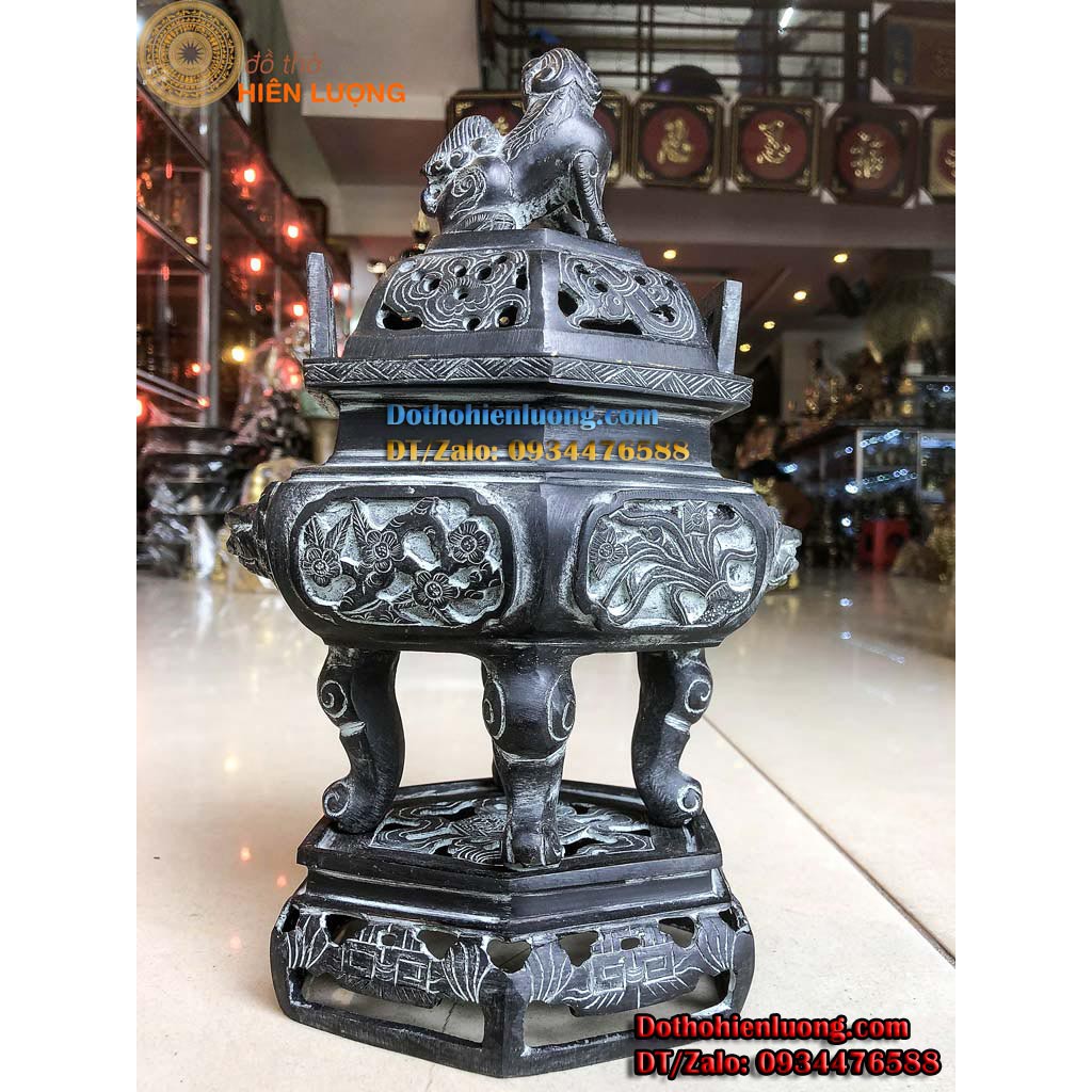 Lư Đỉnh Xông Trầm Lục Giác Hoa Văn Tùng Cúc Trúc Mai Tai Vuông Màu Đen Giả Cổ Bằng Đồng Nguyên Chất