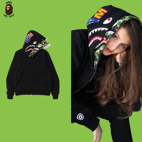 Áo Hoodie Jacket Bape Shark fullzip Black 2 mũ Phối 3 màu Camo Green, Blue, Pink SS2021 BapeVN
