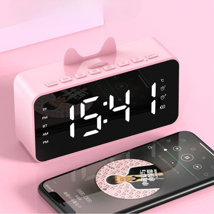 Loa bluetooth tai thỏ đồng hồ G5, loa mini không dây nghe nhạc làm đèn ngủ màn hình soi gương