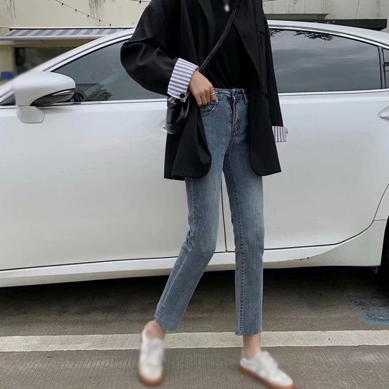 Quần jean nữ lưng cao dáng thẳng thời trang cổ điển Hàn Quốc