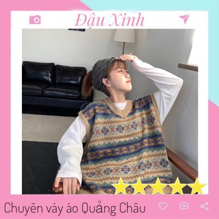 [Video ảnh thật] Áo gile len Ullzzang thổ cẩm cổ v dáng rộng dài kiểu hàn quốc  - 010