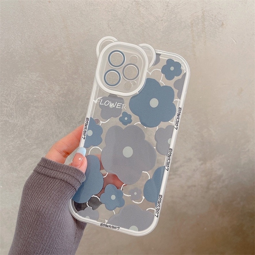 Ốp Điện Thoại Silicon Hình Hoa / Tai Gấu Màu Xám Cho iPhone 14 13 12 11 Pro Max X Xr Xs Max SE 2020 iPhone 8 7 6 6s Plus