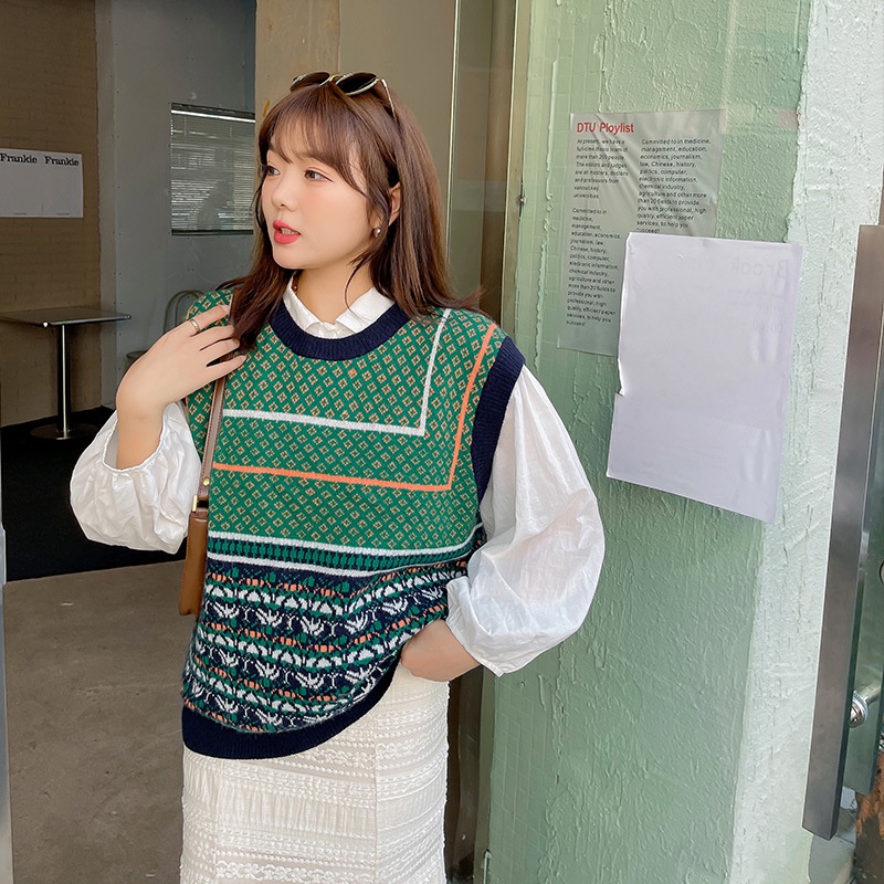 Áo len ghile cổ tròn mới Nhật Bản phong cách retro thu đông cardigan ghi lê