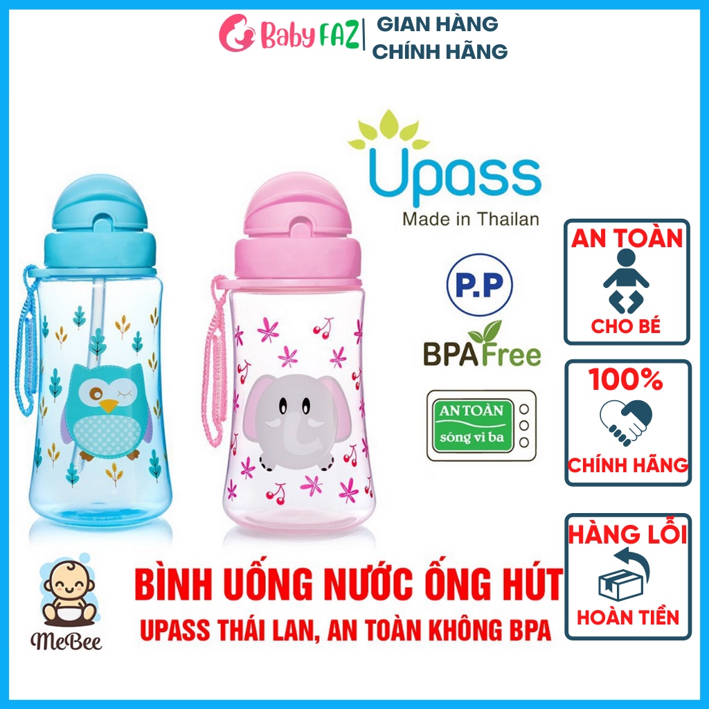 Bình uống nước cho bé có ống hút, cốc uống nước cho bé, bình tập uống nước cho bé, chống sặc, mềm 300ml Upass UP0090N