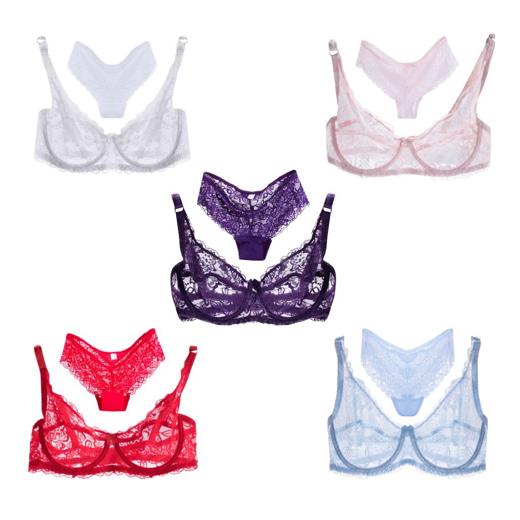 Bộ nội y vạc ren nâng cúp ngực 3/4 thoáng khí siêu mỏng cho nữ