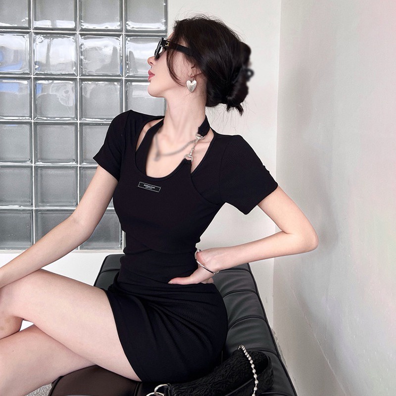 Đầm Tay Ngắn Màu Trơn Cổ Yếm Xẻ Tà Thời Trang Hàn Quốc Cho Nữ