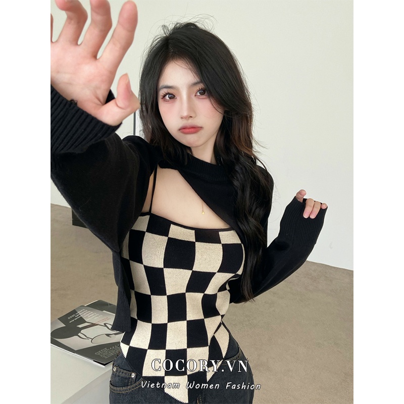Cocory vn Bộ áo croptop dệt kim tay dài + áo hai dây kẻ sọc caro bán chạy cho nữ