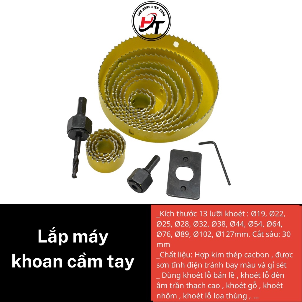 Mũi khoét lỗ tròn gỗ thạch cao khoan khoét trần cao cấp 16 chi tiết bộ vàng BMKTC-16CT-V