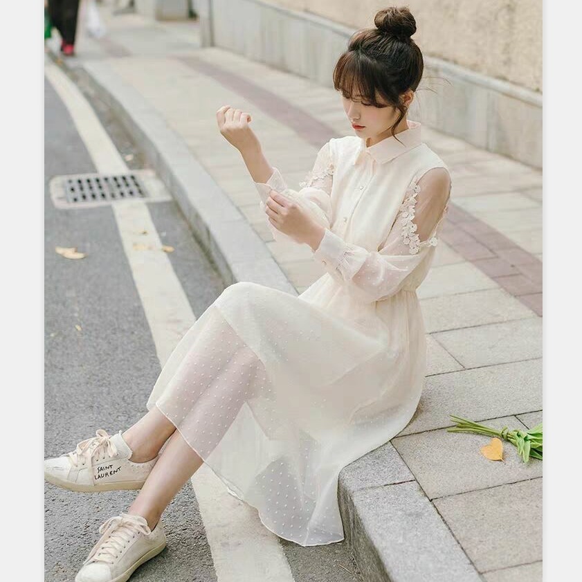 Đầm Voan Dài Tay Phối Lưới Xinh Xắn Dành Cho Nữ | BigBuy360 - bigbuy360.vn