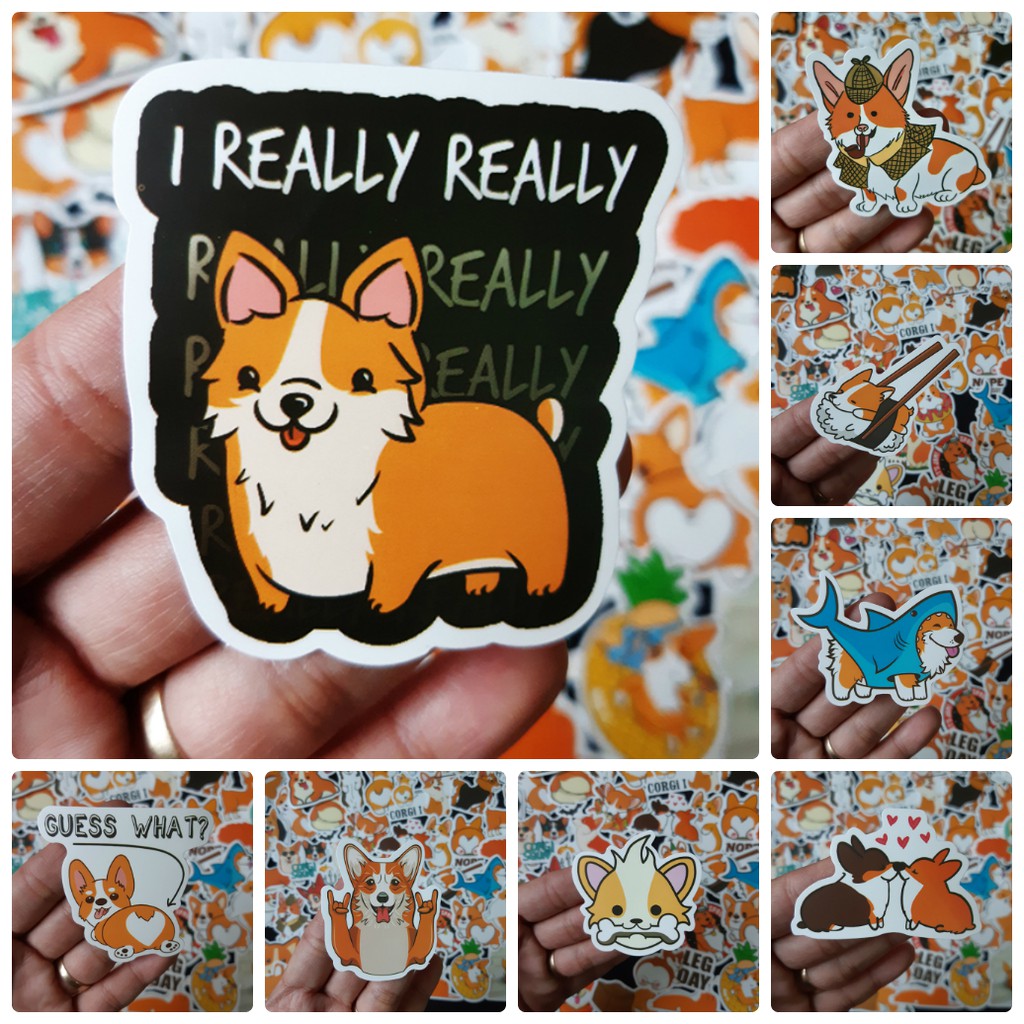 Bộ Sticker dán cao cấp chủ đề CHÚ CHÓ CORGI - Dùng dán Xe, dán mũ bảo hiểm, dán Laptop...