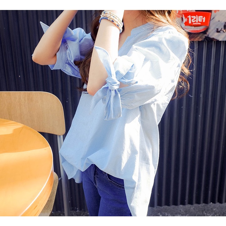 Áo sơ mi Nữ sọc tay ngắn cổ V hoạ tiết kẻ sọc hợp thời trang sơ mi nữ SM174