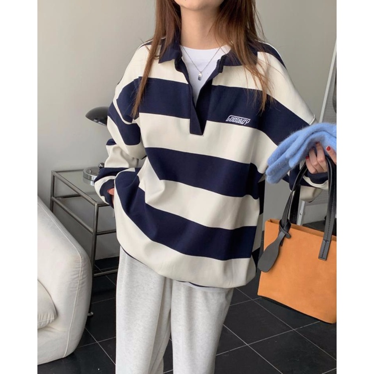 Áo Thun Polo Dáng Rộng Họa Tiết Kẻ Sọc Thêu Chữ Thời Trang Mùa Thu Mới Cho Nữ