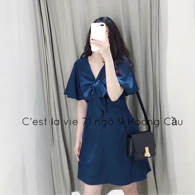 QQC315 Váy xanh thắt nơ