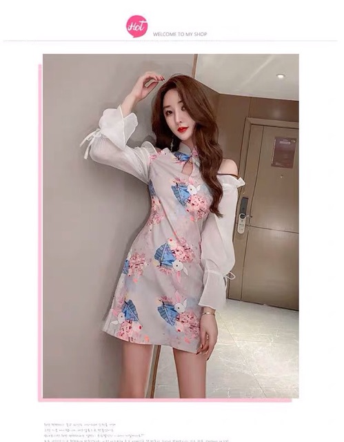 (ORDER) Sườn xám hở vai họa tiết thỏ hoa (mẫu 1 chất vải co dãn) | BigBuy360 - bigbuy360.vn