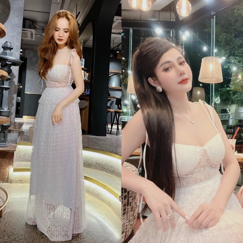 Maxi ren trắng dập ly cúp ngực 2 dây thắt nơ vai cao cấp, đầm váy dài sang trọng quyến rũ quý phái đi chơi dự tiệc