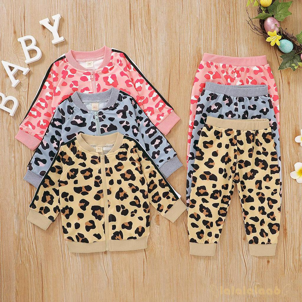Set Áo Tay Dài Khoá Kéo Hoạ Tiết Da Báo + Quần Dài Cho Bé Gái 1-6 Tuổi