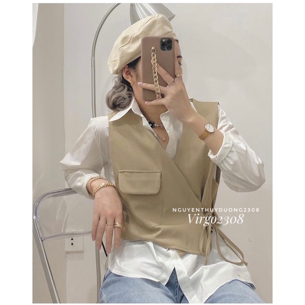 [HÀNG SẴN]SET ÁO SƠMI MIX GILE túi nắp nơ eo siêu xinh | BigBuy360 - bigbuy360.vn