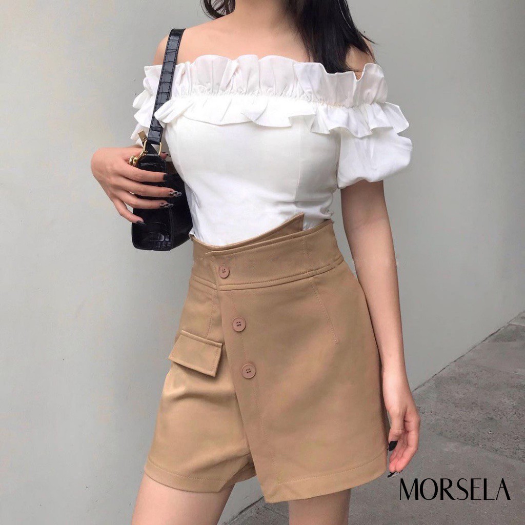 Áo croptop trễ vai voan nhúng bèo - Áo crop top viền bèo kiểu nữ tính - Morsela