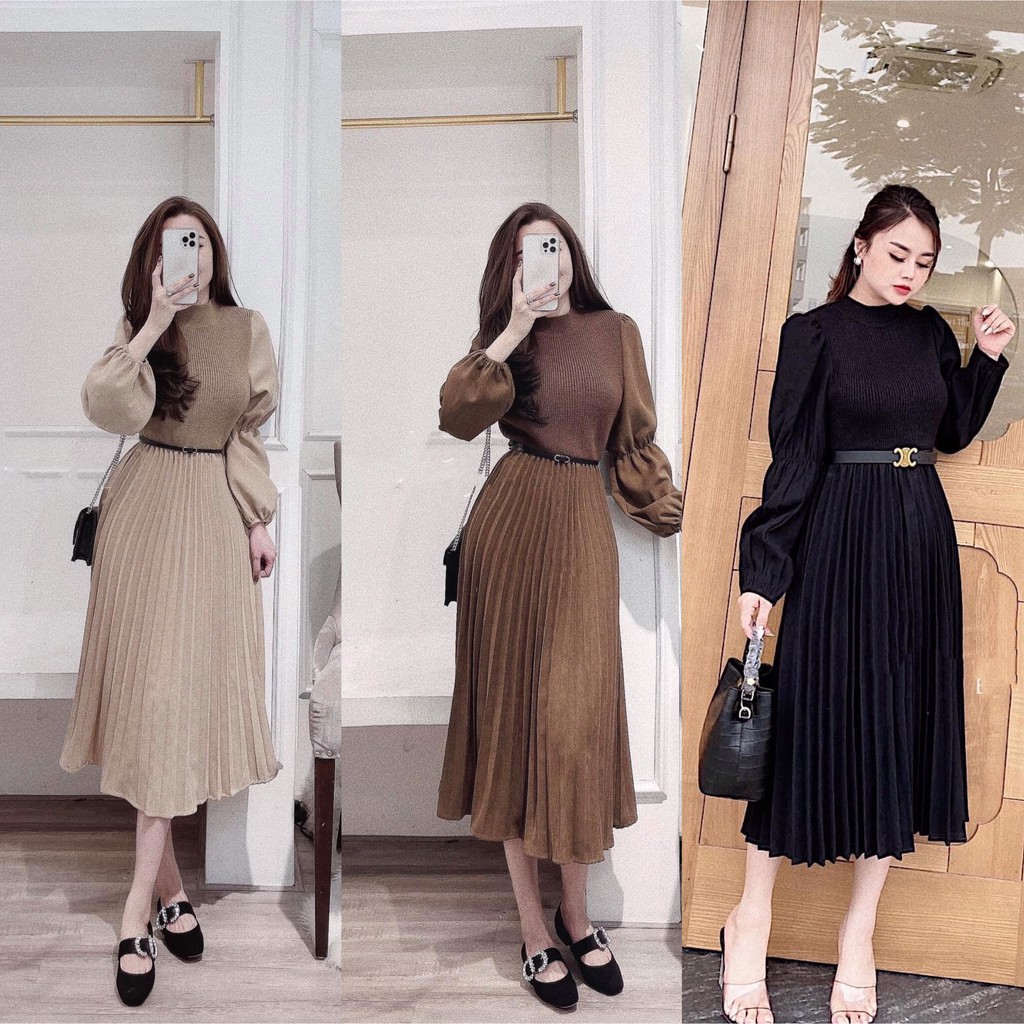 Set Váy Len Nữ Tay Bồng Điệu Đà Chân Váy Len Xòe Ly, Tặng Kèm Đai Eo_Xuống Phố Là Xinh -cỏ-Boutique