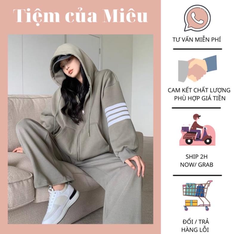 SALE Set bộ quần áo nỉ 3 sọc ngang màu xám quần xuông mũ to Tiệm của miêu