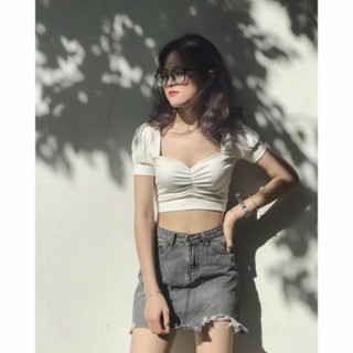 Áo thun crop tay phồng nhún ngực, kèm ảnh thật cho khách