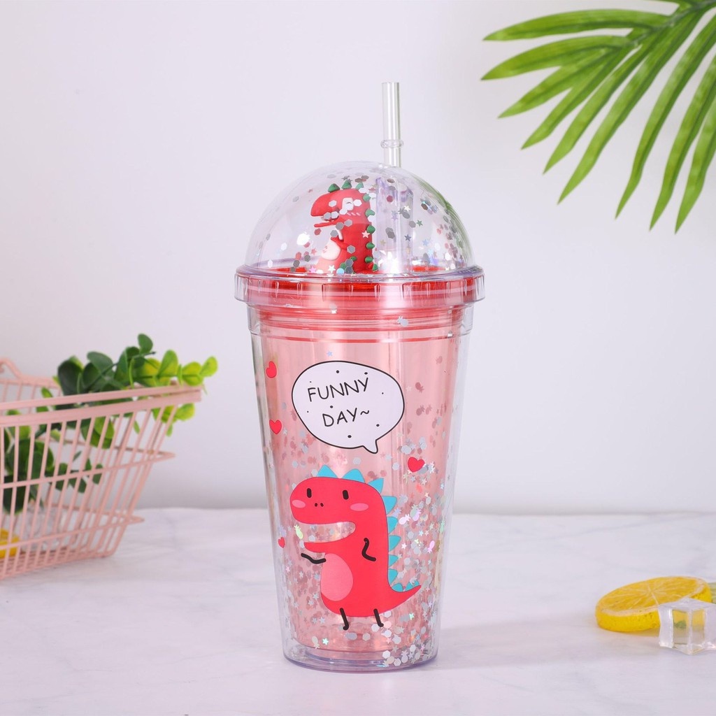 BÌNH NƯỚC KHỦNG LONG KIM TUYẾN TẶNG KÈM ỐNG HÚT HÌNH 3D