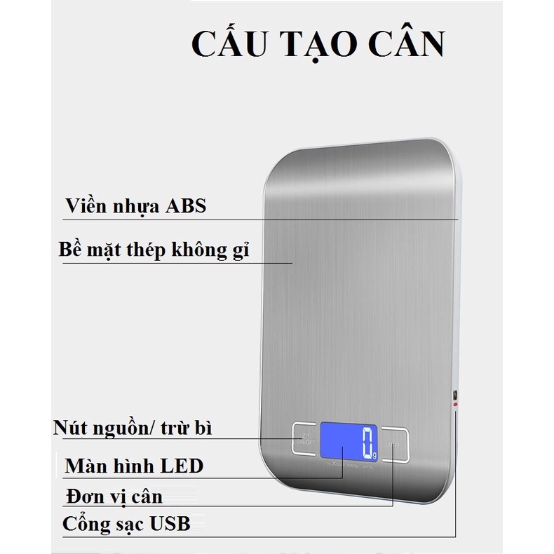 Cân điện tử nhà bếp tiểu ly (5kg - 1g) mặt inox màn hình LCD Hộp xanh