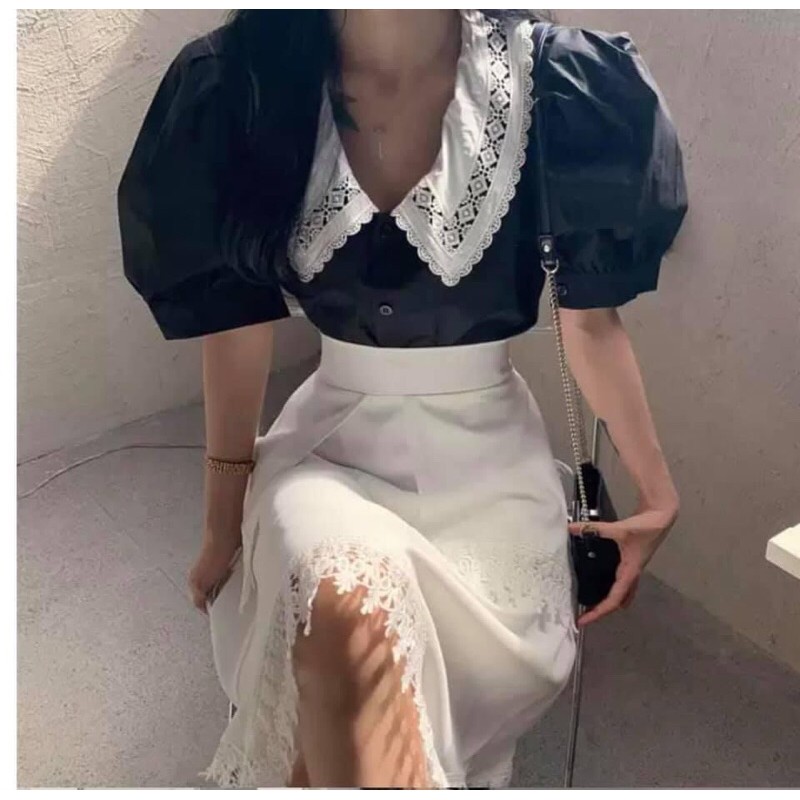 Sét áo sơ mi+ chân váy trắng tay bồng hàn quốc mầu trắng đen đối lập thanh lịch