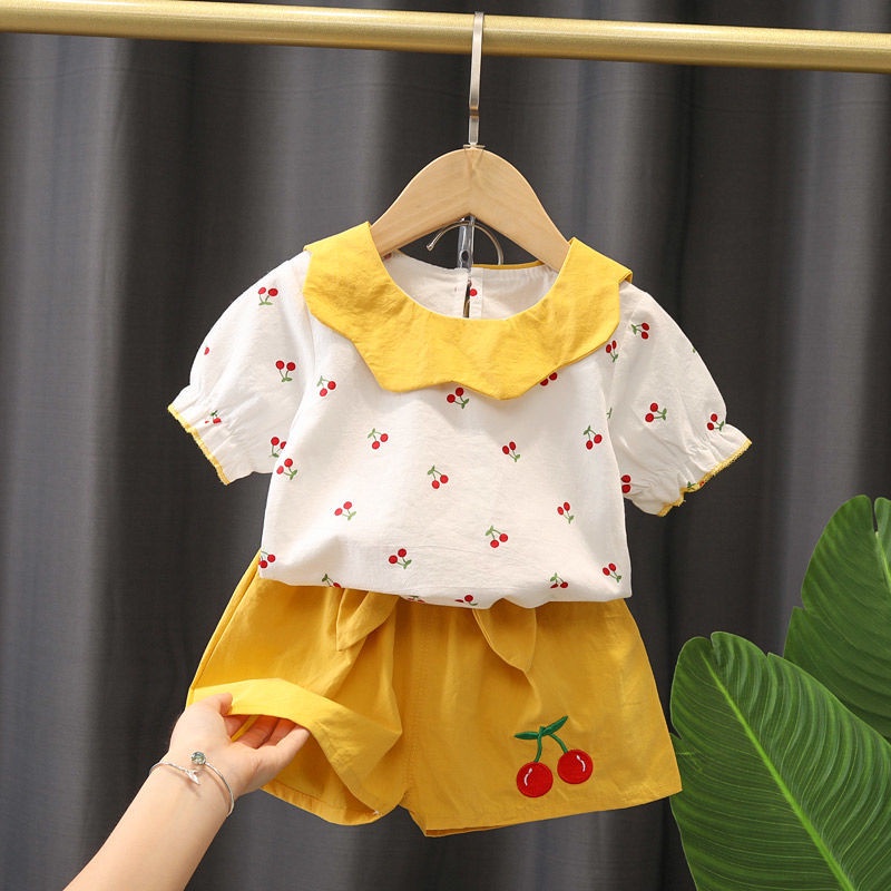 Bộ Đồ Thời Trang Mùa Hè 2 Món Áo Sơ Mi Tay Ngắn In Hình Cherry Phối Quần Short Thời Trang Mùa Hè Cho Bé Gái