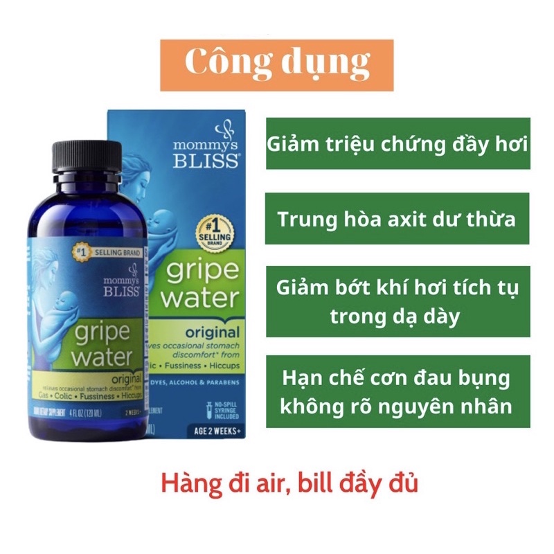 Siro Gripe Water Mommy's Bliss hỗ trợ tiêu ga, giảm đầy hơi, giảm đau bụng ở trẻ sơ sinh.