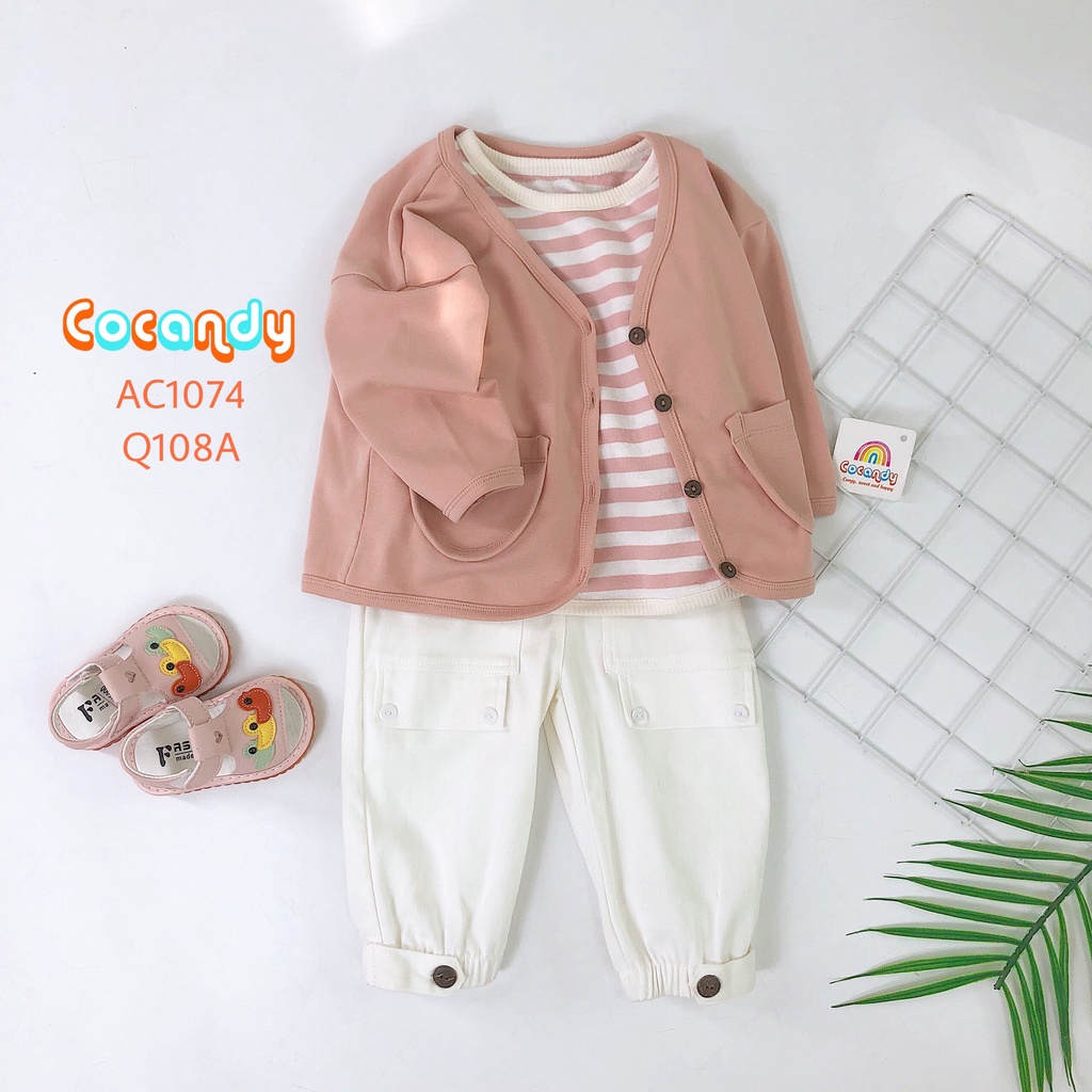 Set đồ cho bé -Set áo cardigan hồng, áo thun kẻ và quần kaki trắng cho bé của COCANDY mã AC107431, AT109131, Q108A