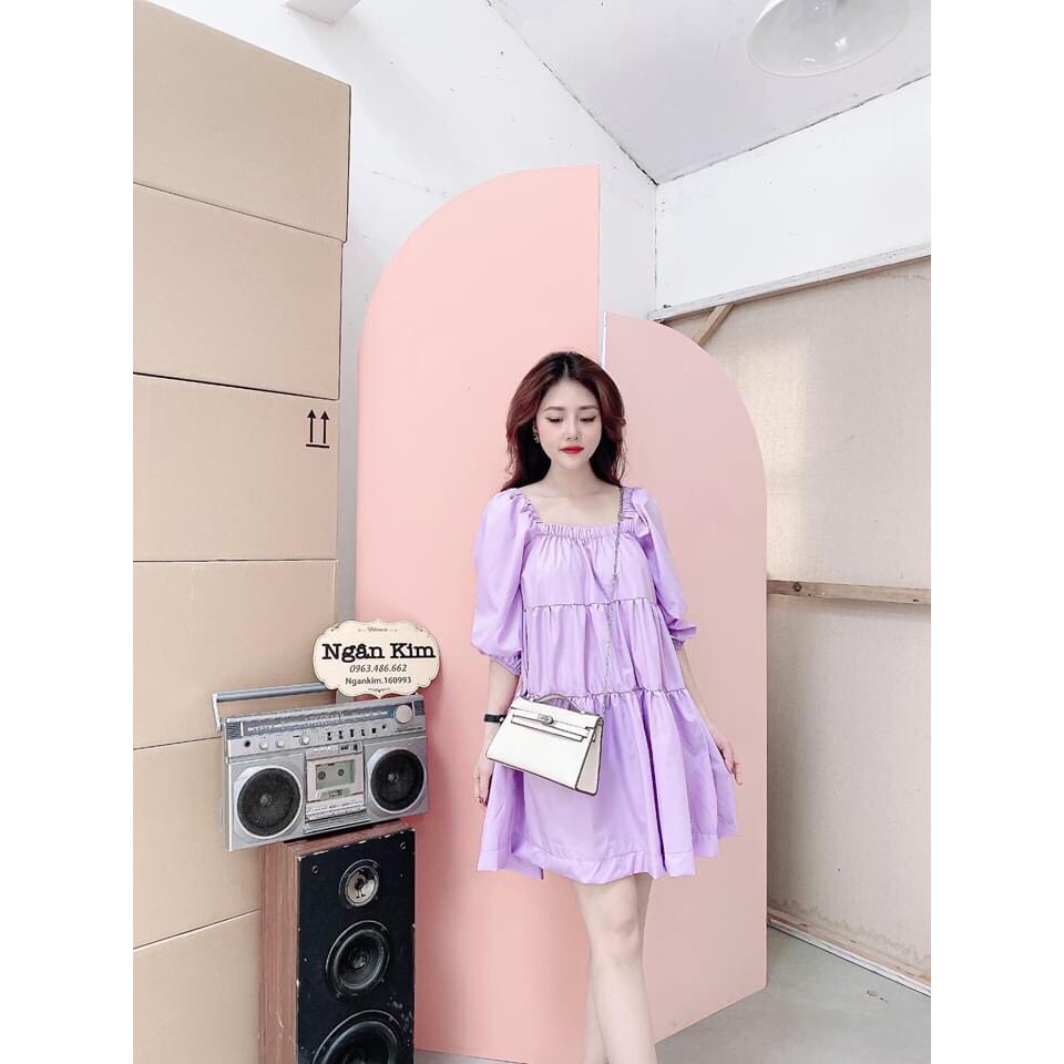 VÁY TRỄ VAI BABYDOLL TAY CHUN MÀU TÍM TRẮNG - ĐẦM CỔ VUÔNG BA TẦNG TRẮNG TÍM ULZZANG