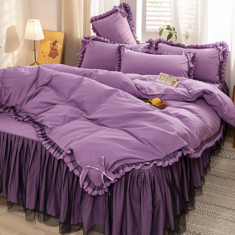 trong gió lưới màu đỏ giường váy bốn mảnh phong cách công chúa Hàn Quốc khăn trải giường ren trải giường cát chà nhám bộ